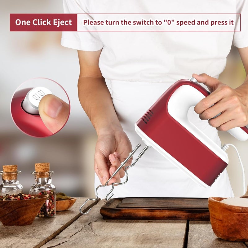 Yomelo 9-Speed Digital Hand Mixer Electric, 400W Powerful DC Motor, Hand Mixer Electric Handheld with Snap-On Storage Case, 5 Stainless Steel Accessories, Beaters, Dough Hooks, Whisk(Red/White) - Image 5